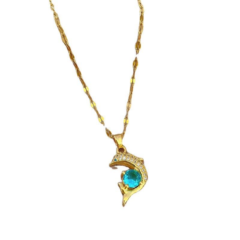 Vintage Minimalist Dolphin Pendant Necklace in Titanium Steel with Rhinestone Accents for Women