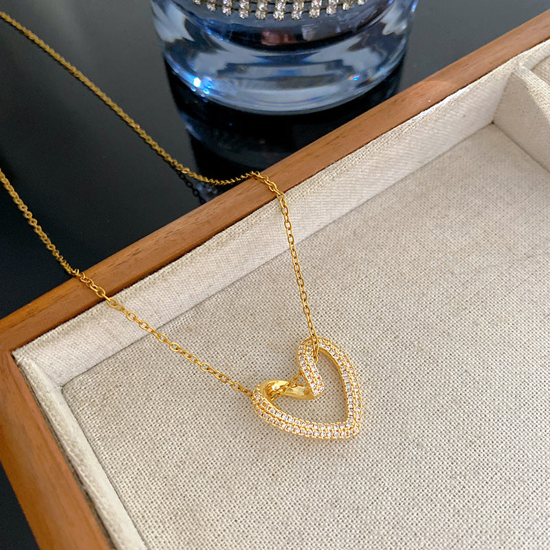 Sweet Minimalist Rhinestone Heart Plated Brass Pendant Titanium Steel Cable Chain Necklace