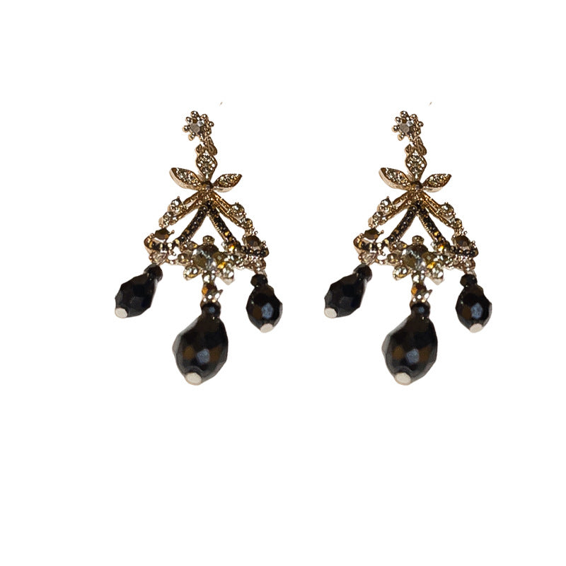 Elegant French Palace Style Floral Hollow-Out Dangle Earrings with Rhinestone Inlay for Women