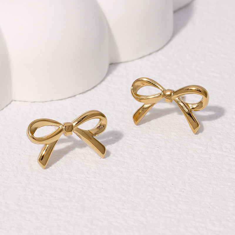 Minimalist Bow-Shaped Stainless Steel Stud Earrings for Women with Plated Finish