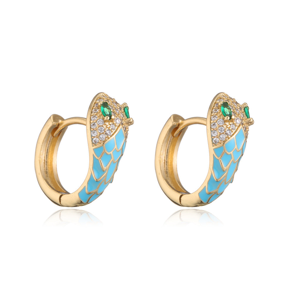 Orecchini minimalisti geometrici a forma di serpente in rame con placcatura in vero oro e zirconi micro-pavé