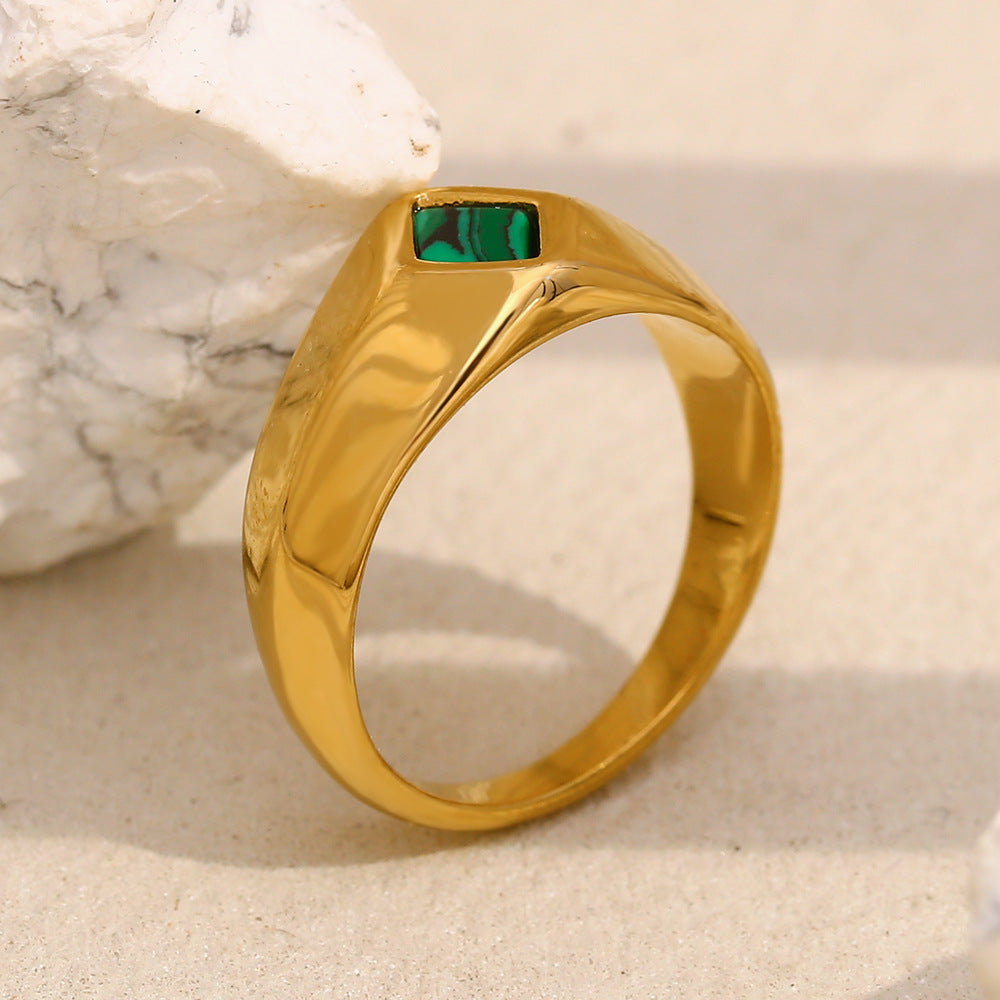 Minimalist Geometric Stainless Steel Plated 18K Gold Malachite Ring for Women
