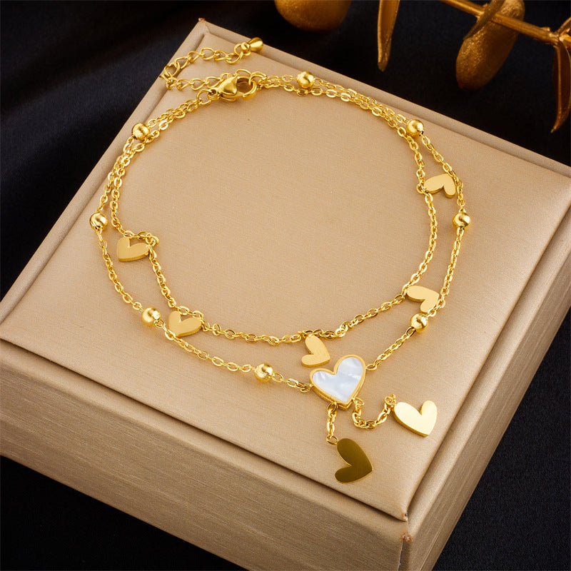 Cavigliera Minimalista Ispirata al Vintage a Doppio Strato con Perle a Cuore e Stella in Strass in Acciaio al Titanio