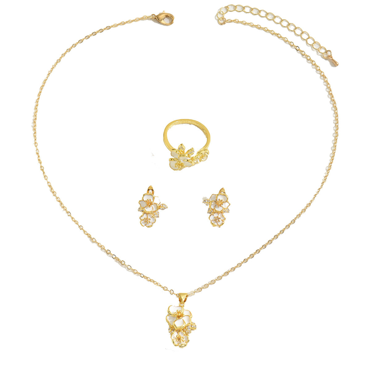 Parure con collana, orecchini e anello in rame con intarsio in zirconi a motivo floreale elegante per donna, gioielli minimalisti chic da ufficio