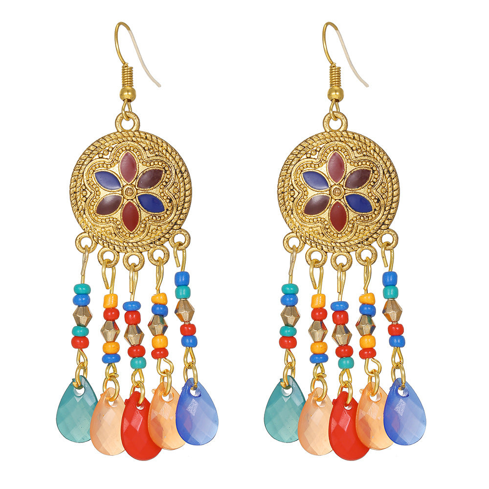 Bohemian Ethnic Geometric Round Drip Oil Plated Alloy Tassel Earrings for Women