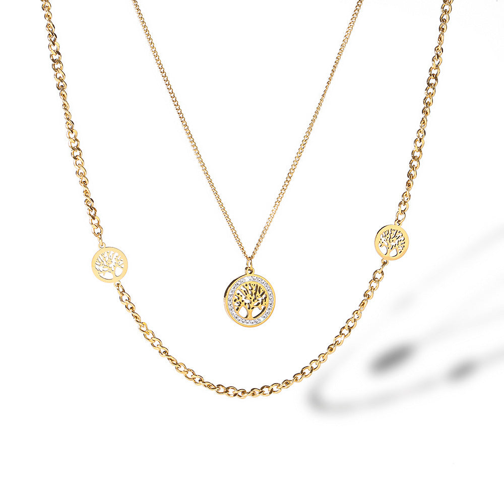 Minimalist Geometric Tree of Life Pendant Necklace for Women in Titanium Steel with Zircon Inlay
