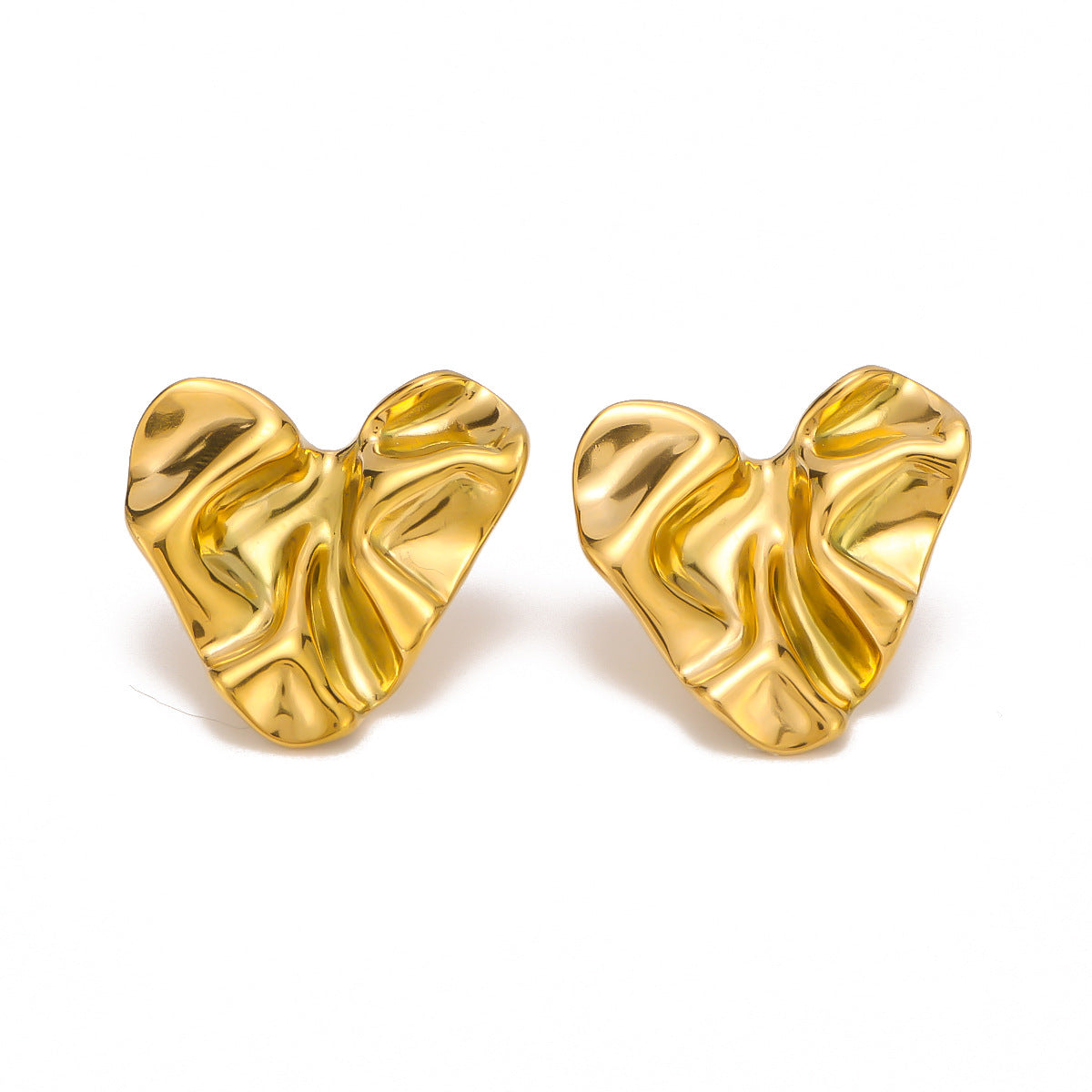 Minimalist Heart-Shaped Stainless Steel Earrings with 18K Gold Plating and Textured Folded Surface for Women