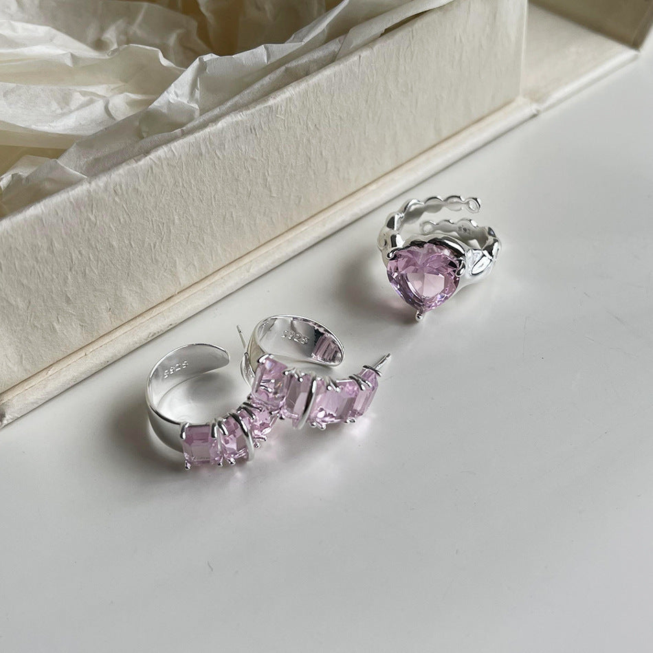 Minimalist Teardrop-Shaped 925 Sterling Silver Stud Earrings with Pink Cubic Zirconia Accent and Pearl Inlay