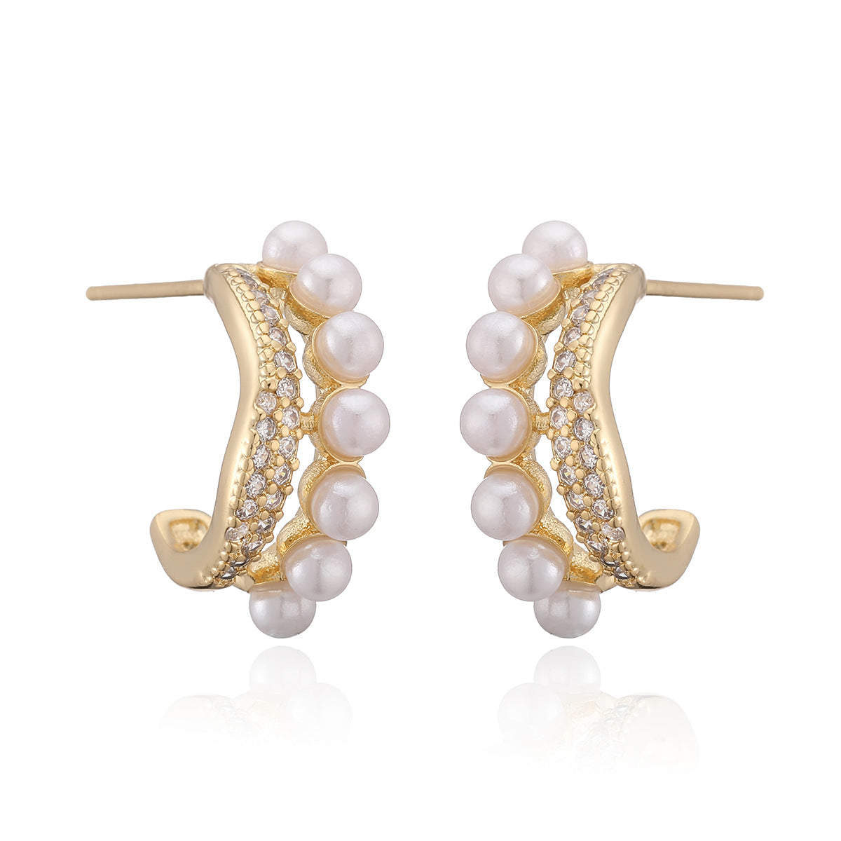 Elegant Geometric Brass Gold Plated Cubic Zirconia Pearl Stud Earrings for Women