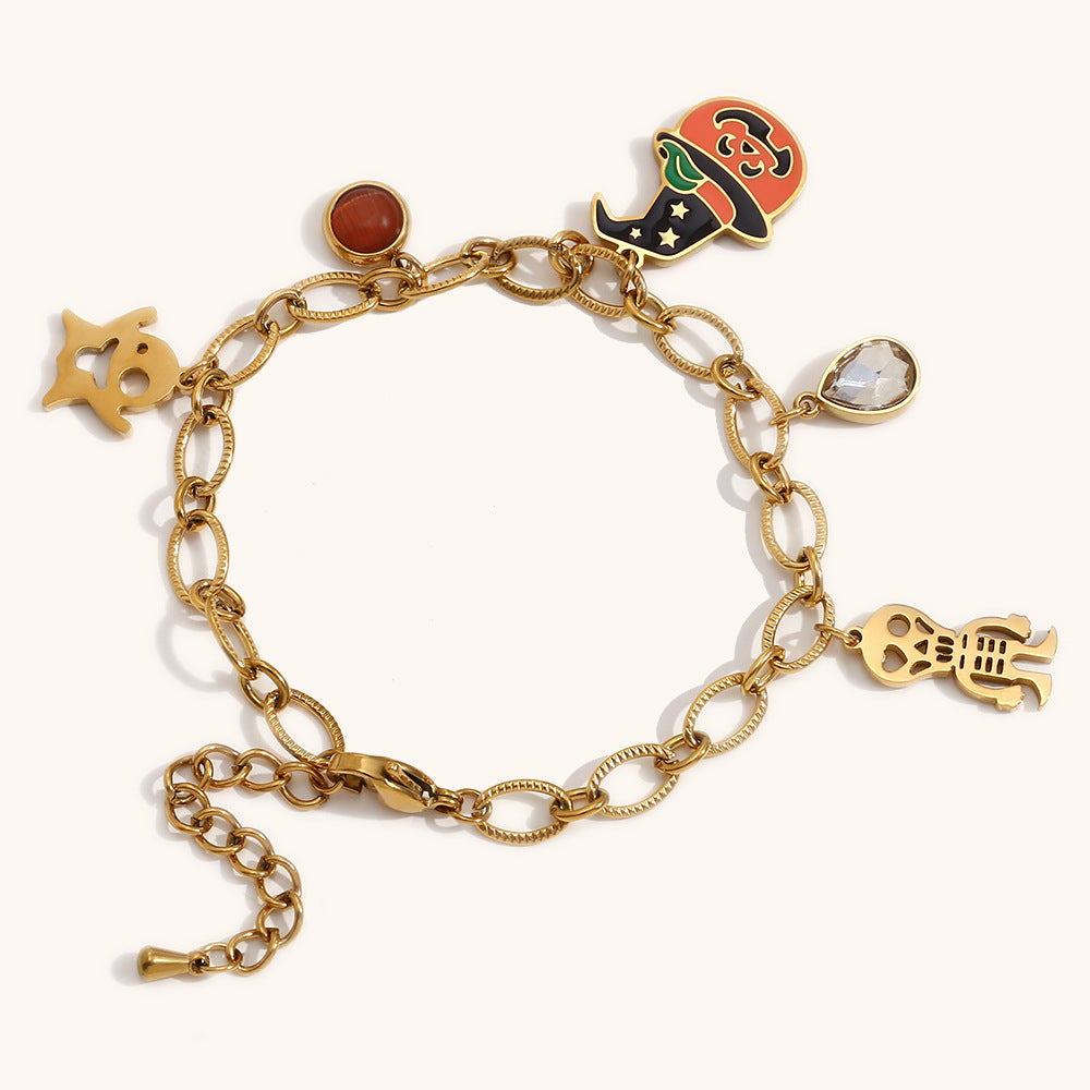 Fashionable Cartoon Pumpkin Skull Pendant Bracelet in Stainless Steel with 18K Gold Plating for Halloween and Travel Souvenirs