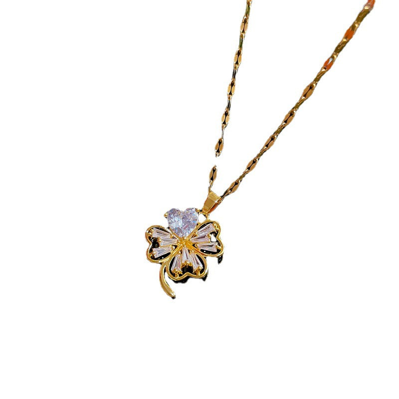 Luxury Titanium Steel Micro-Paved Zircon Flower Pendant Necklace with Gold Plating for Women
