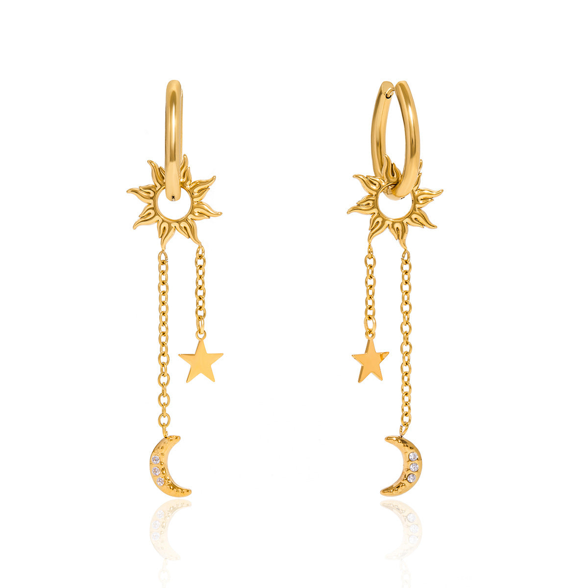 Orecchini Pendenti Geometrici di Lusso a Sole e Luna in Acciaio Inossidabile con Placcatura Sottovuoto da Donna