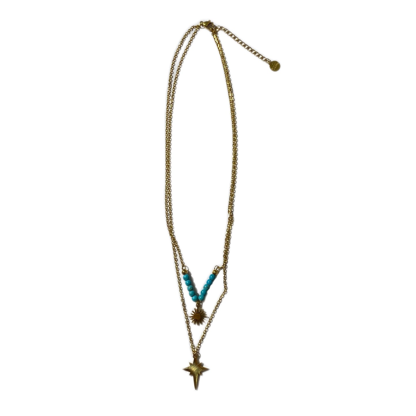 Luxury Geometric Sunflower Turquoise Inlay Titanium Steel Necklace Double Layer Cable Chain Unisex