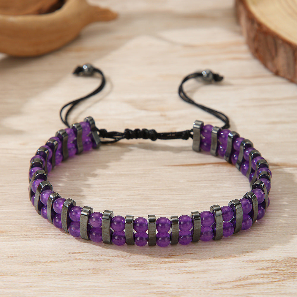 Geometric Handmade Beaded Tiger Eye and Hematite Bracelet with Woven Cord