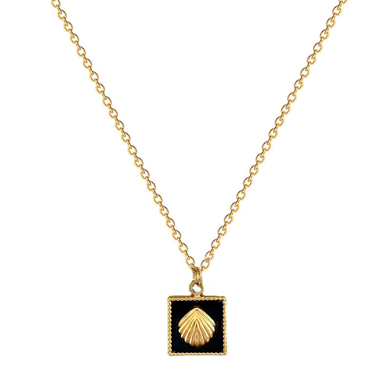 Minimalist Geometric Square Shell Pendant Necklace for Women Titanium Steel Plated with Real Gold Locket Chain