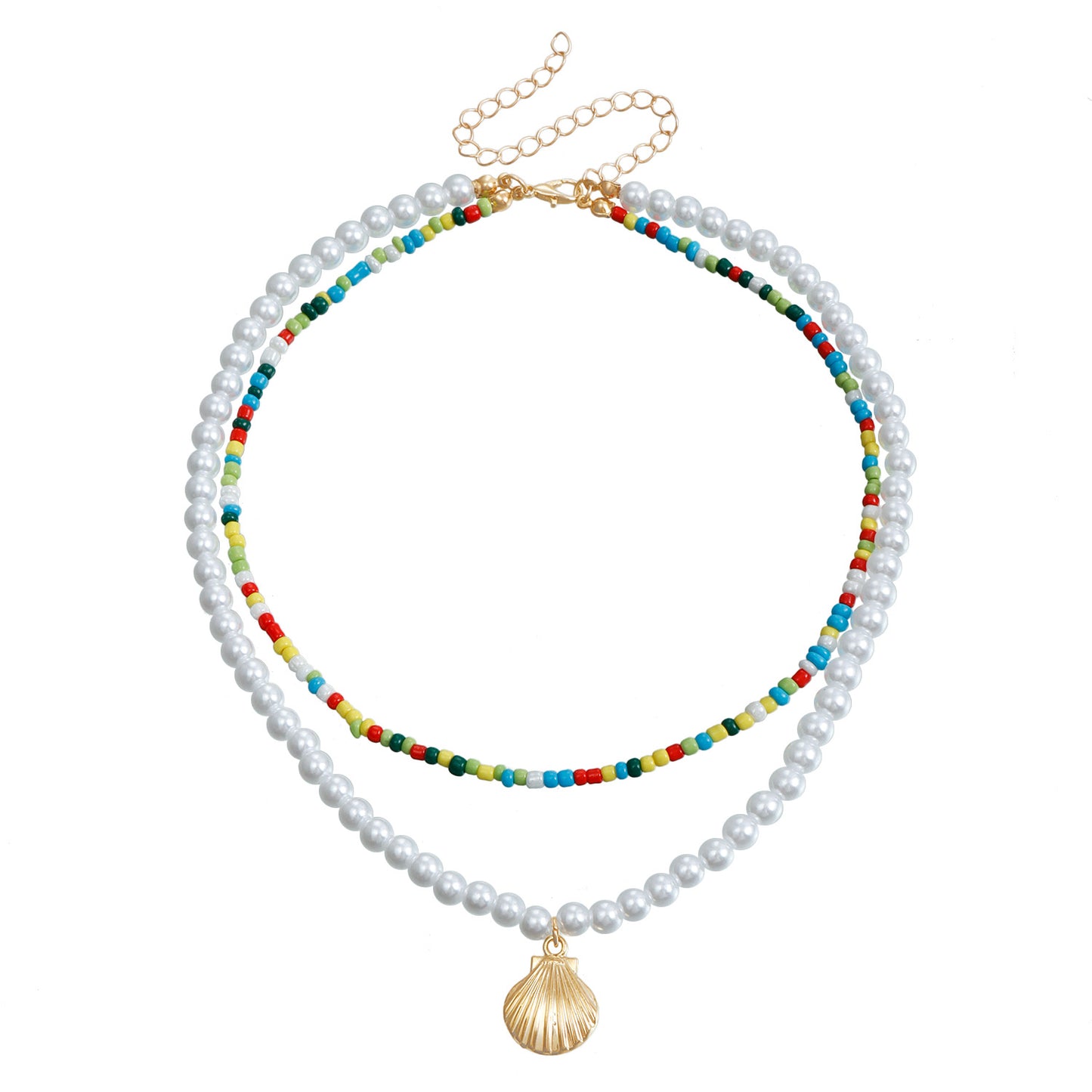Bohemian Colorful Beaded Imitation Pearl Double Layer Shell Pendant Necklace for Women