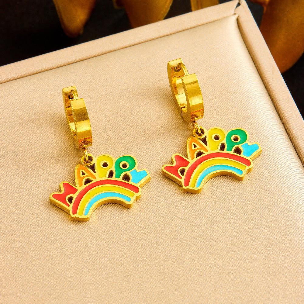 Cartoon Drip Oil Turquoise Floral Stainless Steel Jewelry Set with Cable Chain for Women