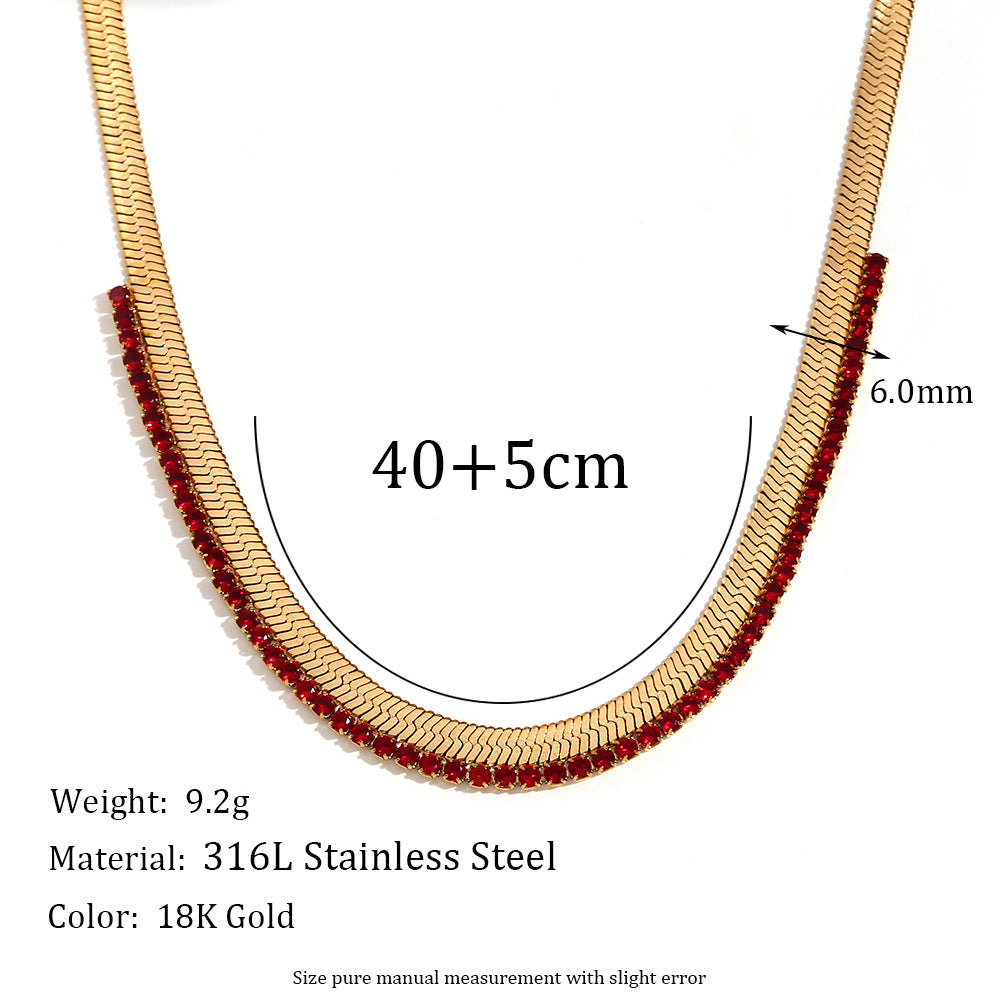 Collana da donna alla moda placcata oro 18 carati in acciaio al titanio, geometrica, con zirconi colorati e texture a spina di pesce