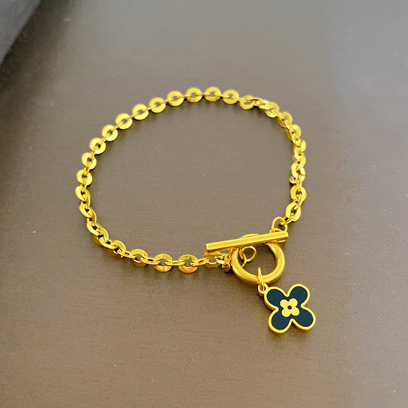 Black Geometric Four-Leaf Clover Plated Titanium Steel Bracelet with OT Clasp