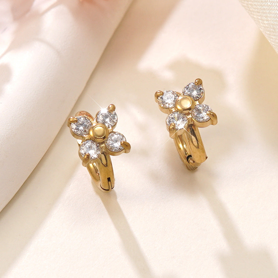 Luxury Floral Stainless Steel Gold Plated Cubic Zirconia Earrings for Women