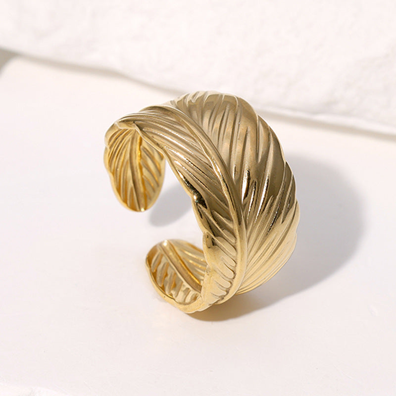 Anello Aperto Minimalista da Donna in Acciaio Inossidabile a Forma di Piuma con Finitura Placcata