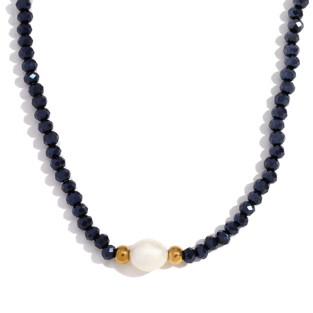 Collar con colgante vintage minimalista geométrico de acero inoxidable con perlas de agua dulce y cuentas de cristal oscuro para mujer