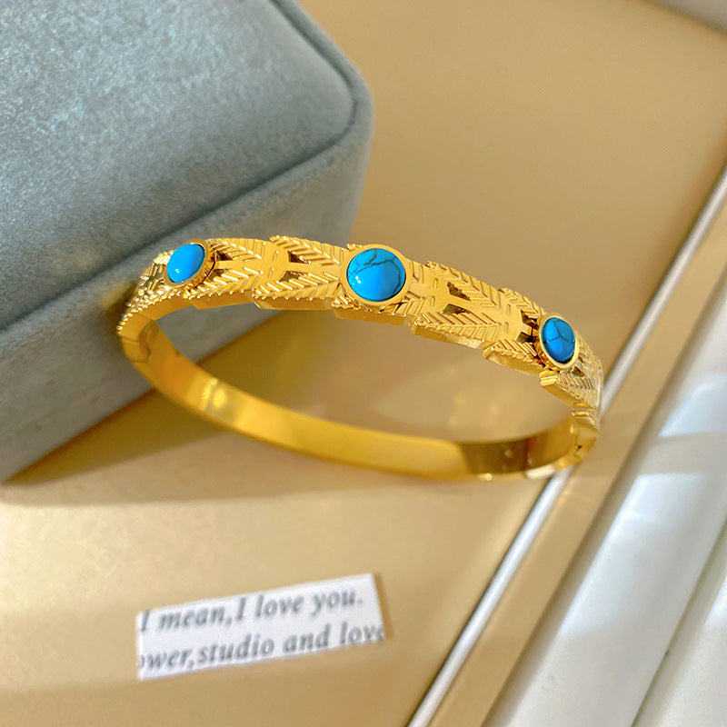 Vintage Gold Plated Titanium Steel Bracelet with Turquoise Inlay and Wheat Ear Floral Pattern for Women