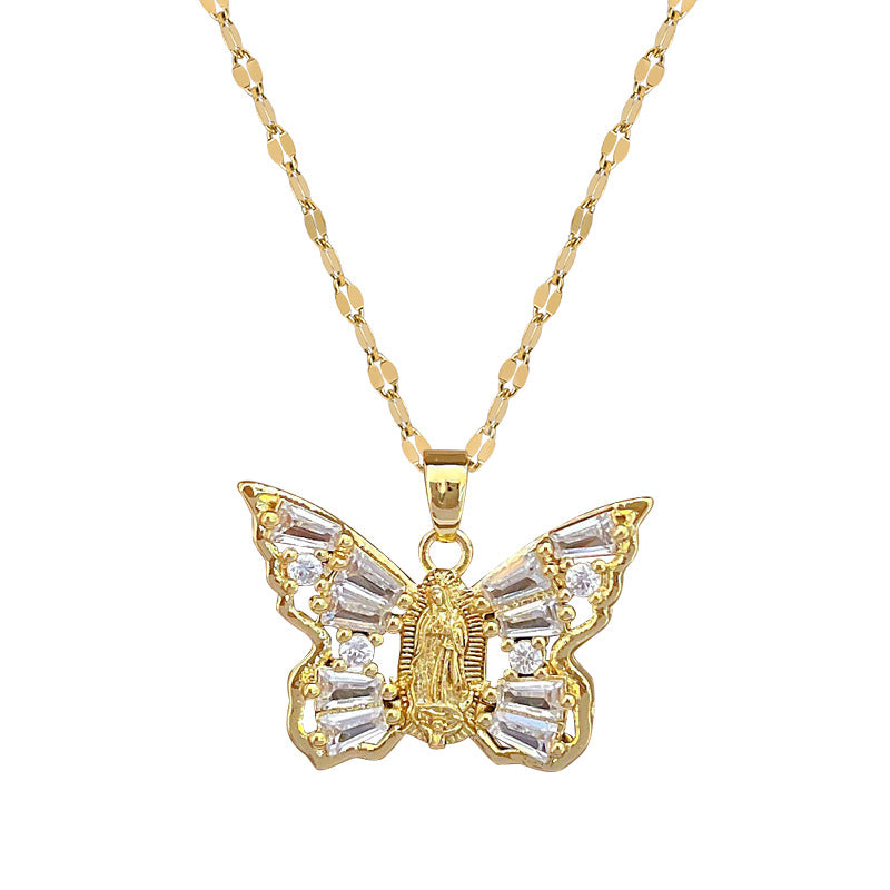 Collana con Ciondolo a Farfalla Minimalista da Donna e Uomo con Catena in Acciaio al Titanio e Intarsio in Zirconia Cubica