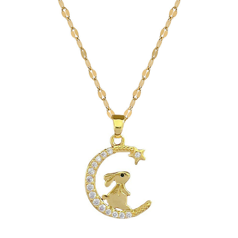 Luxury Moon and Rabbit Pendant Necklace for Women in Titanium Steel with Geometric Design, Plated Finish, Perfect for Wedding, Banquet, and Everyday Elegance