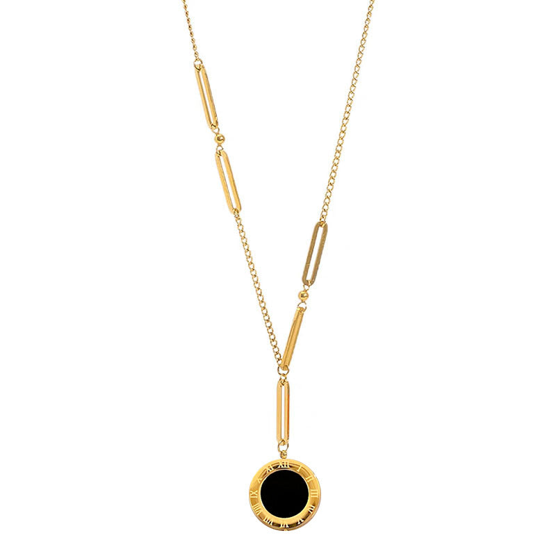 Minimalist Titanium Steel Double-Sided Roman Chain Necklace with Geometric Square Beads for Women and Men