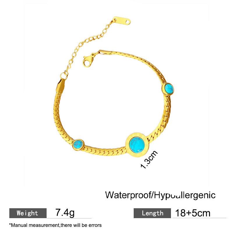 Minimalist Gold Plated Titanium Steel Cuban Link Chain Bracelet with Geometric Letter and Turquoise Inlay for Unisex