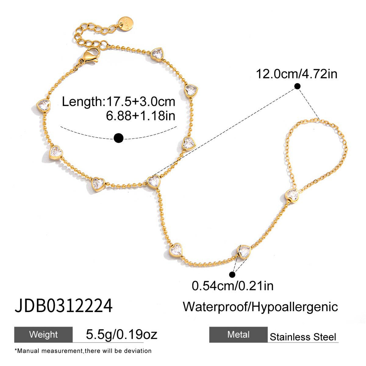 Luxury Geometric Heart Stainless Steel Cubic Zirconia Ring Bracelet for Women