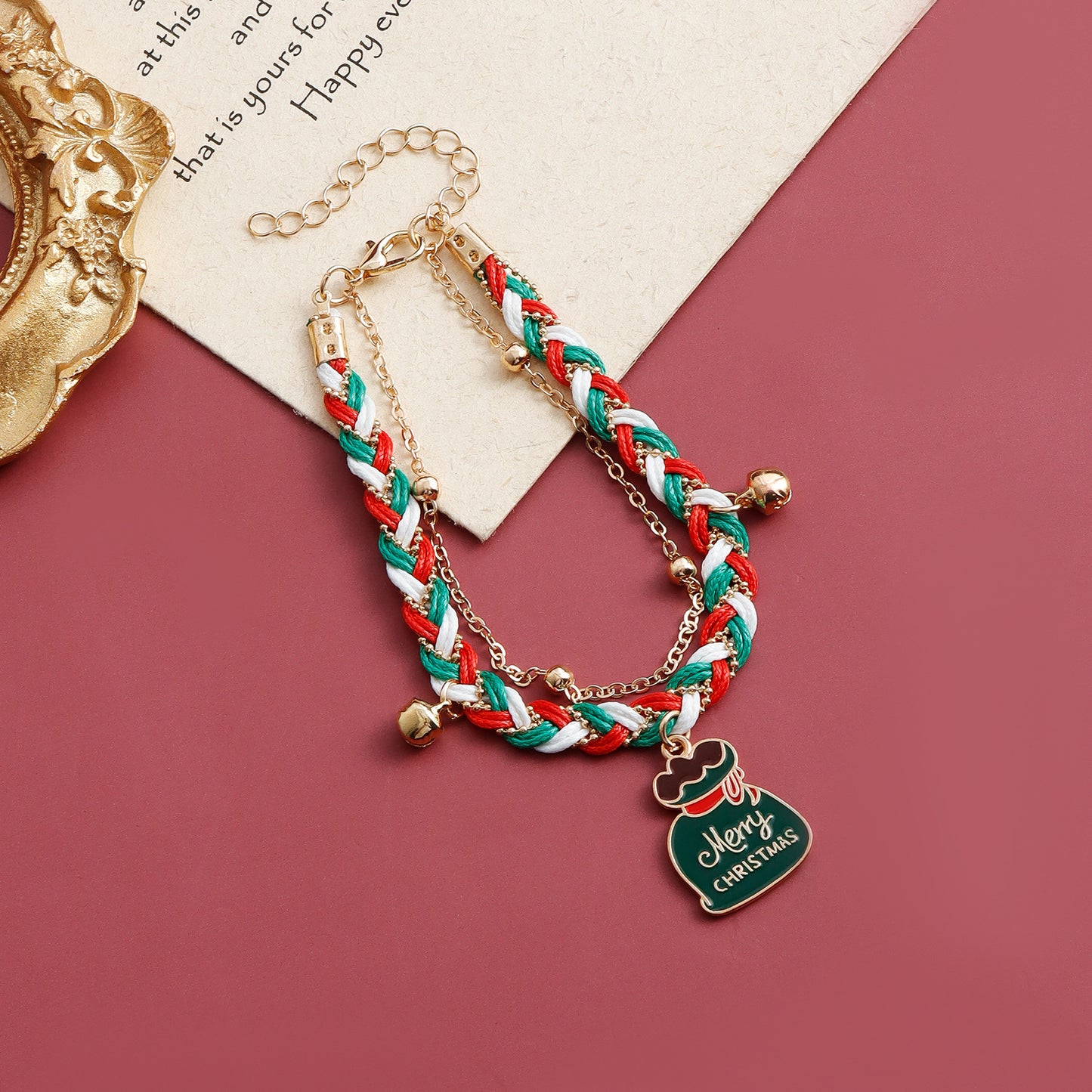 Handmade Christmas Bracelet with Santa Hat Charm, Colorful Two-Tone Braided Cord, Geometric and Cartoon Design, Electroplated Finish