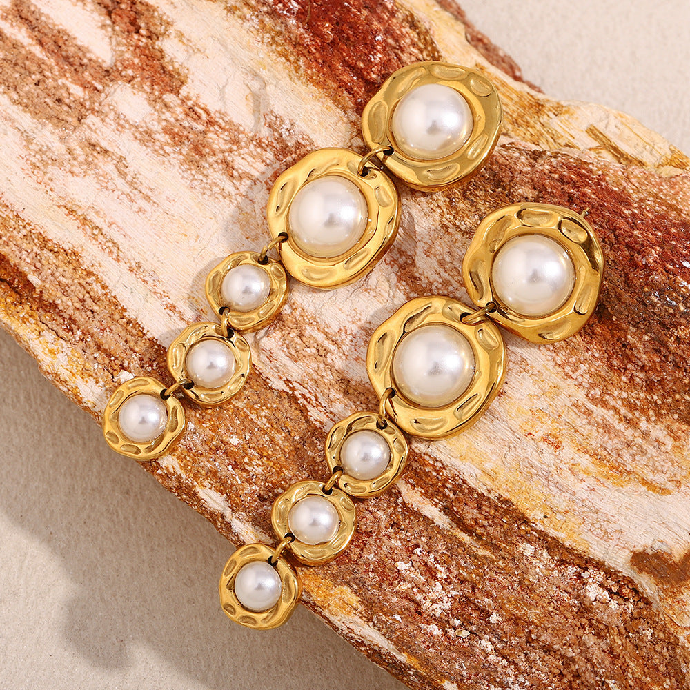 Orecchini da donna alla moda in acciaio inossidabile ispirati al vintage con design geometrico, placcatura in oro 18 carati e perle di diverse dimensioni