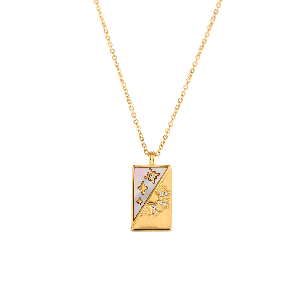 Fashionable Vintage Rectangular Titanium Steel Pendant Necklace with Enamel Finish and Zircon Inlay for Women