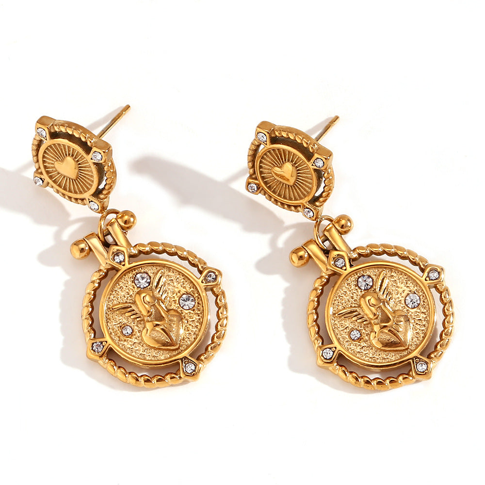 Orecchini a moneta a cuore d'angelo vintage in acciaio inossidabile placcato 18K con strass, stile francese geometrico, da donna