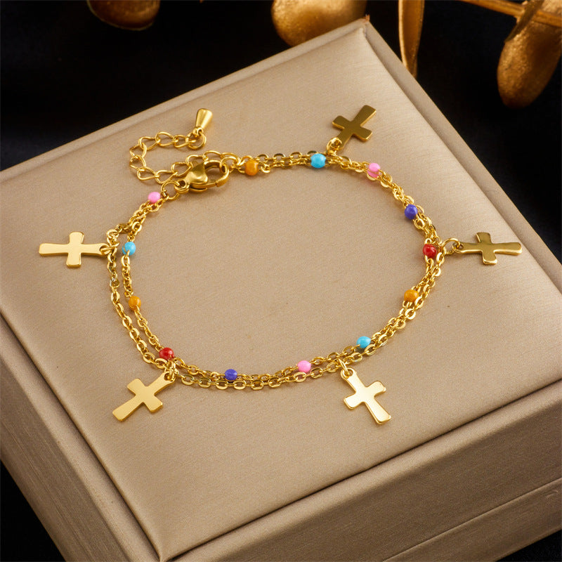 Set Collana con Pendente a Croce alla Moda in Acciaio al Titanio Placcato per Donna