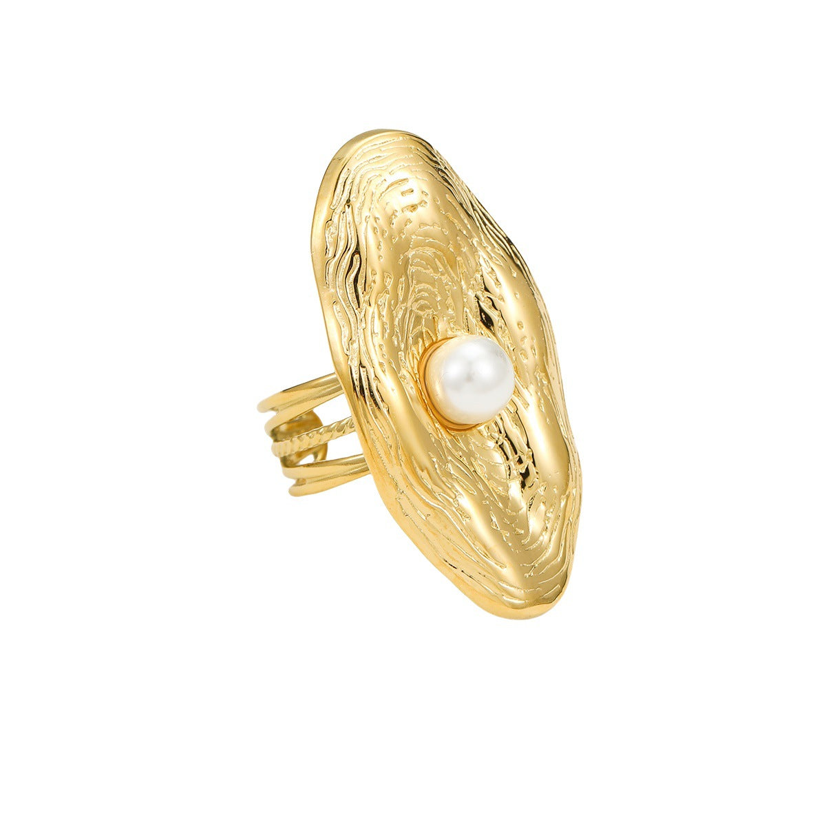 Anello da donna in acciaio inossidabile e titanio con perla ovale testurizzata, placcatura sottovuoto in oro 18 carati