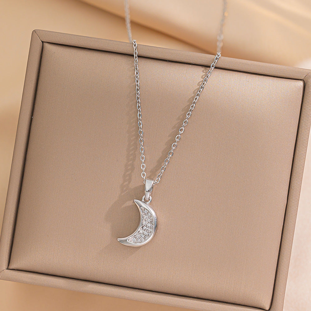 Minimalist Geometric Moon and Star Pendant Necklace in Titanium Steel with Rhinestone Inlay and 18K Gold Plated Snake Chain