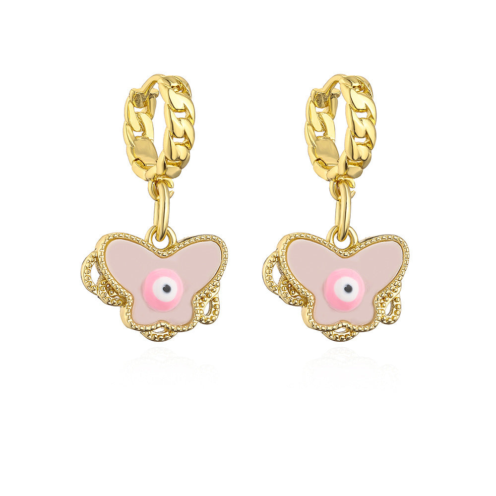 Orecchini Pendenti Minimalisti a Forma di Farfalla in Rame con Placcatura in Oro e Dettaglio Occhio in Smalto da Donna