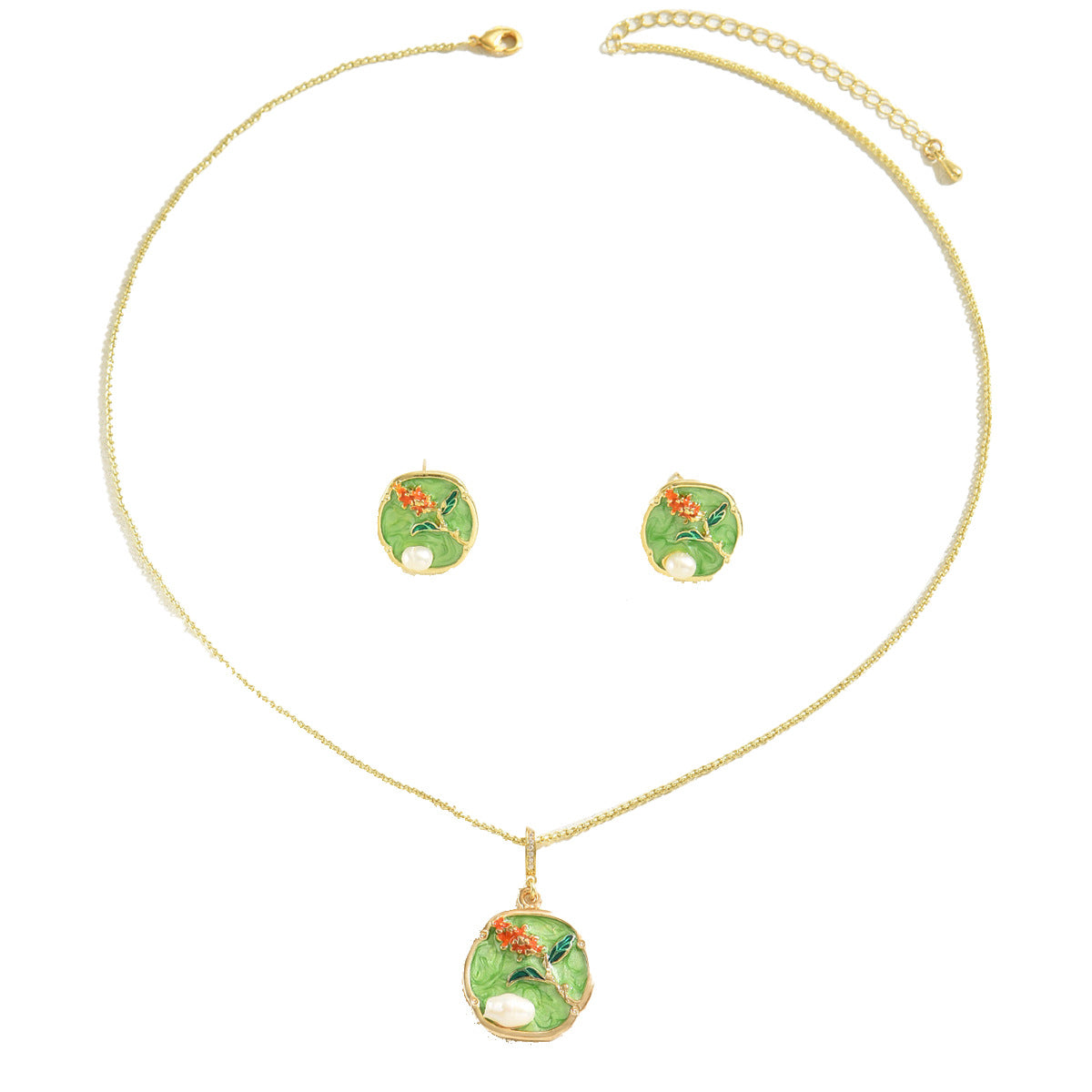 Collana con pendente e orecchini in stile rustico floreale da donna, in lega, smalto a goccia, con perle finte e catena per clavicola
