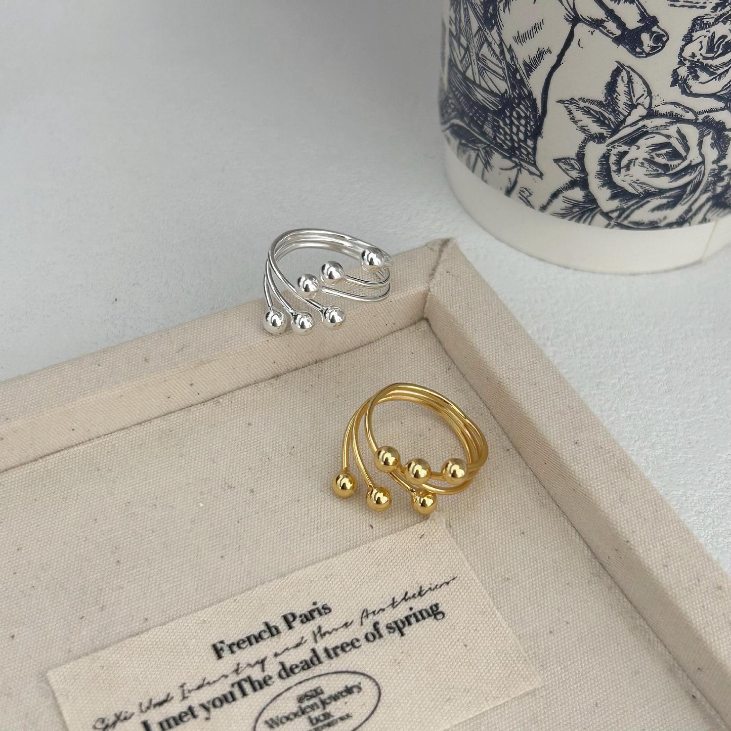 Minimalist S925 Sterling Silver Six-Bead Ring with Rounded Bead Design and Smooth Band