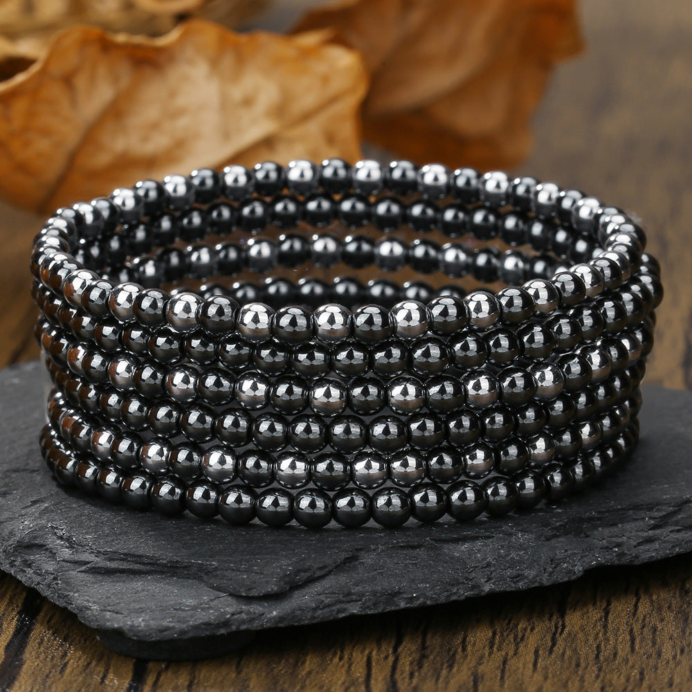 Men's Multi-Layer Matte Hematite Lava Stone Wood Bead Bracelet Set Geometric Round Elastic Band