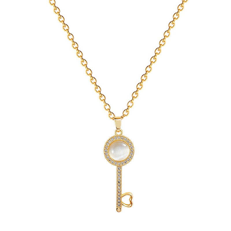 Cartoon Style Cat's Eye Key Pendant Necklace for Women Stainless Steel Clavicle Chain with Full Rhinestone Accents