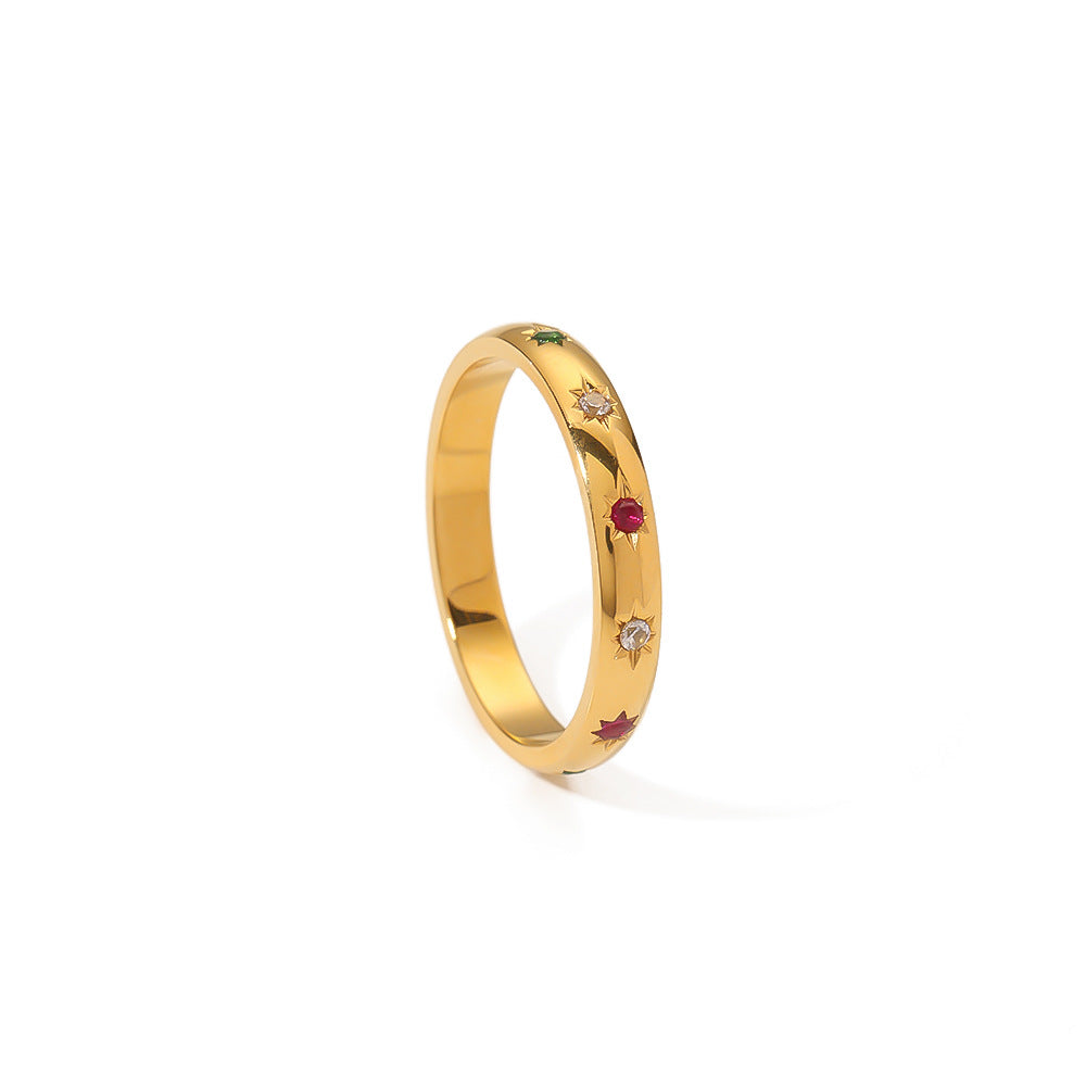 Anello esagonale geometrico in acciaio inossidabile da donna con intarsio di zirconi colorati e finitura placcata