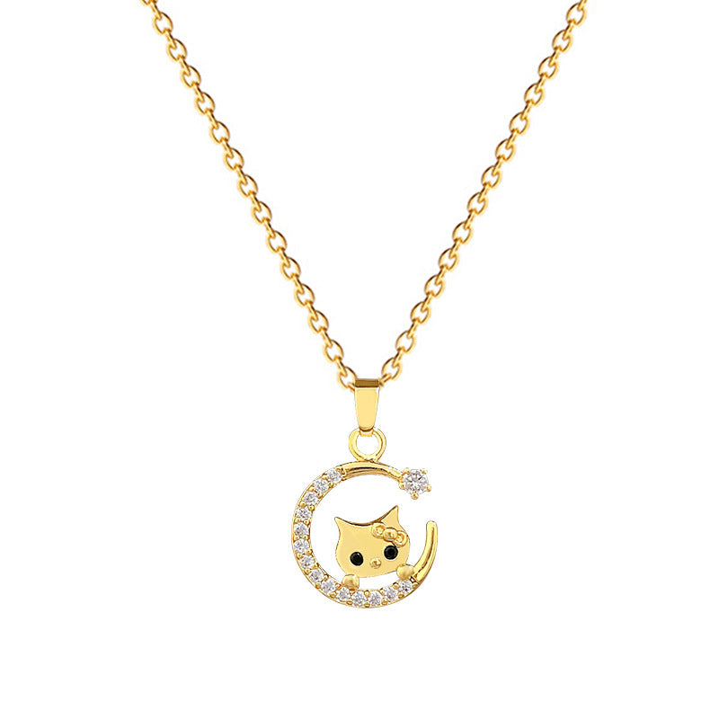 Sweet Cartoon Moon Cat Cubic Zirconia Titanium Steel Necklace for Unisex