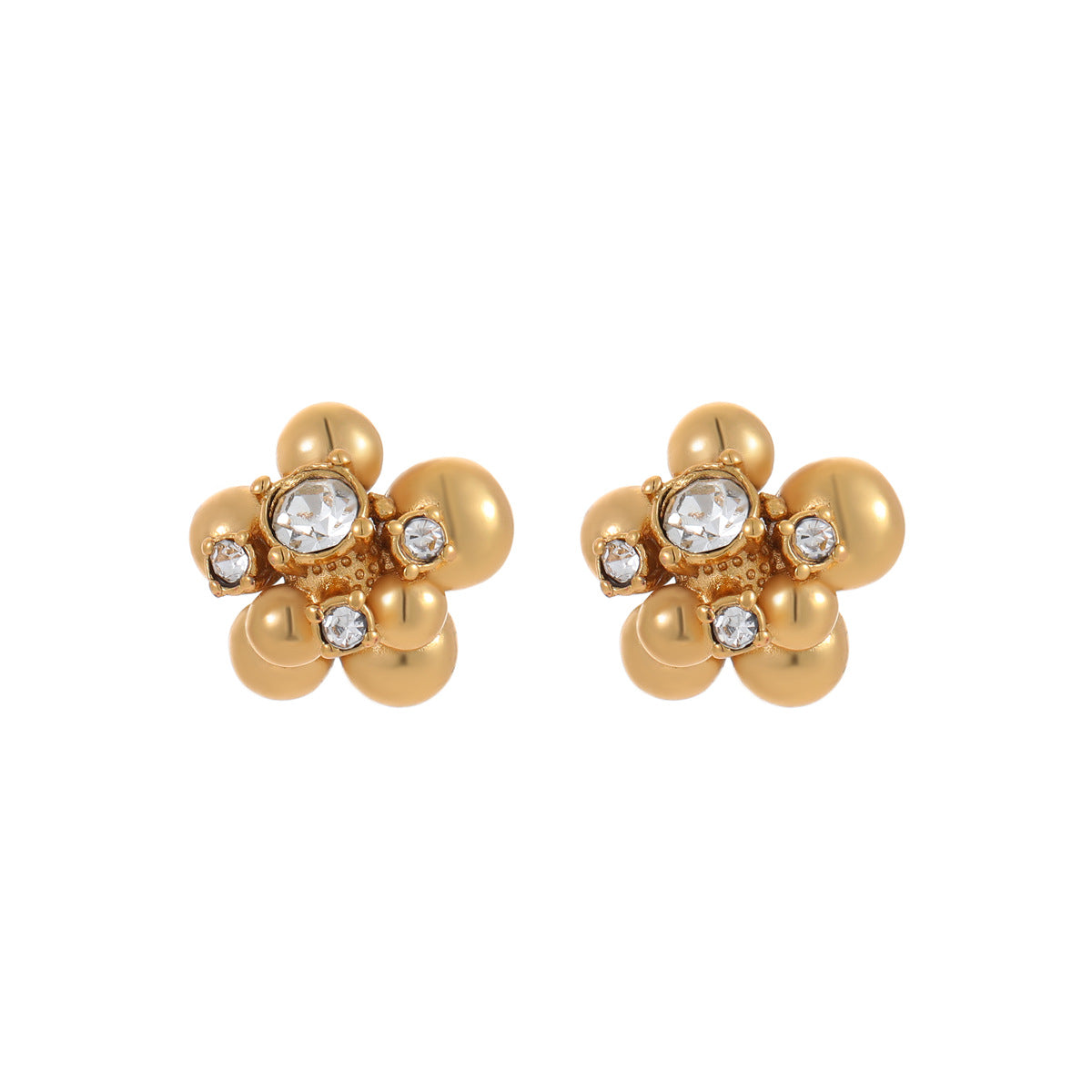 Minimalist Floral Stainless Steel Stud Earrings with Zircon Beads and Geometric Accents