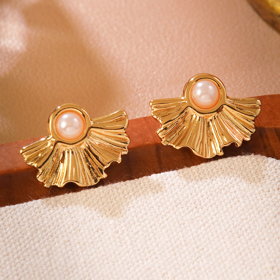 Vintage Geometric Floral Stainless Steel Stud Earrings with Pearl
