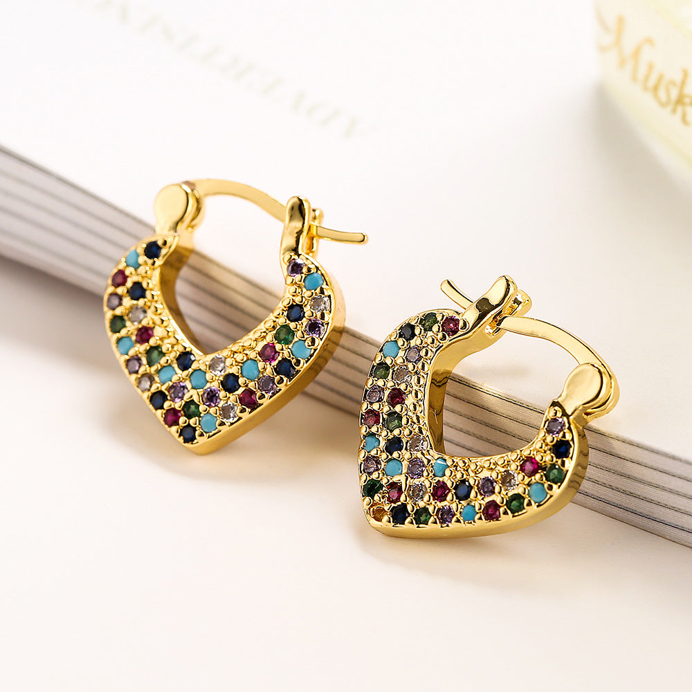 Pendientes de cobre de moda con forma de corazón, chapado en oro real e incrustaciones de circonitas para mujer