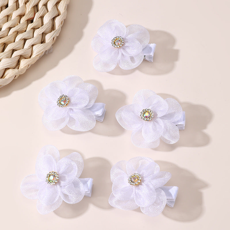 Pasador de pelo de poliéster con forma de lazo de estilo natural para niñas con detalles de volantes y malla, juego de pasadores de pico de pato